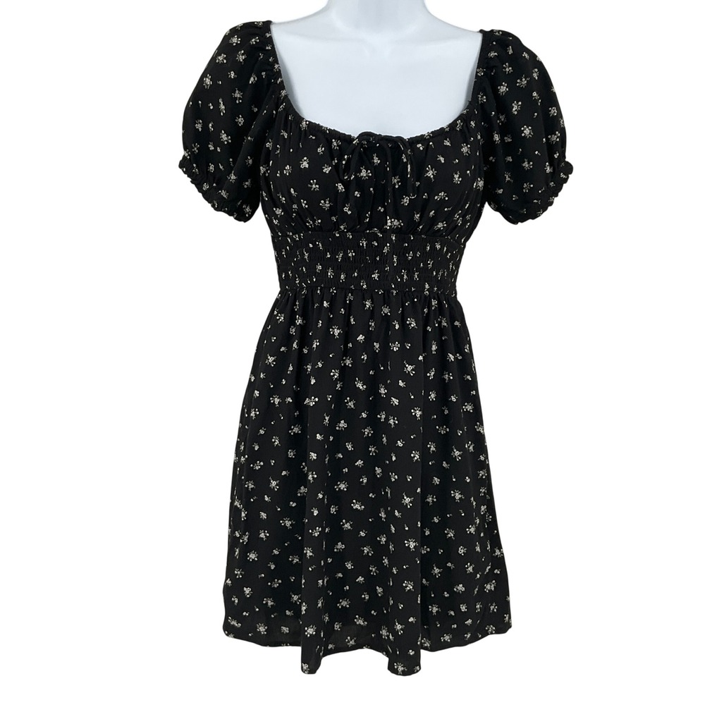 Hollister Black Floral Milkmaid Mini Dress Smocked Waist Puff Sleeve Sz S Boho